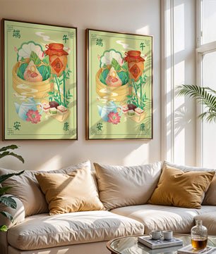 Illustration de nourriture festive chinoise mettant en scène des zongzi traditionnels et un service à thé
