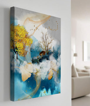 Surreal Nature Scene with Elephants and Golden Leaves
