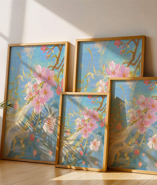 Beautiful Cherry Blossom Branch with Golden Highlights on a Soft Blue Background - Mi tienda