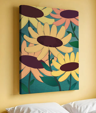 Ilustración floral con margaritas amarillas y naranjas sobre fondo turquesa