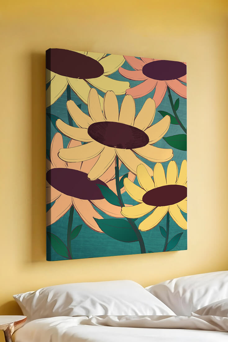 Ilustración floral con margaritas amarillas y naranjas sobre fondo turquesa
