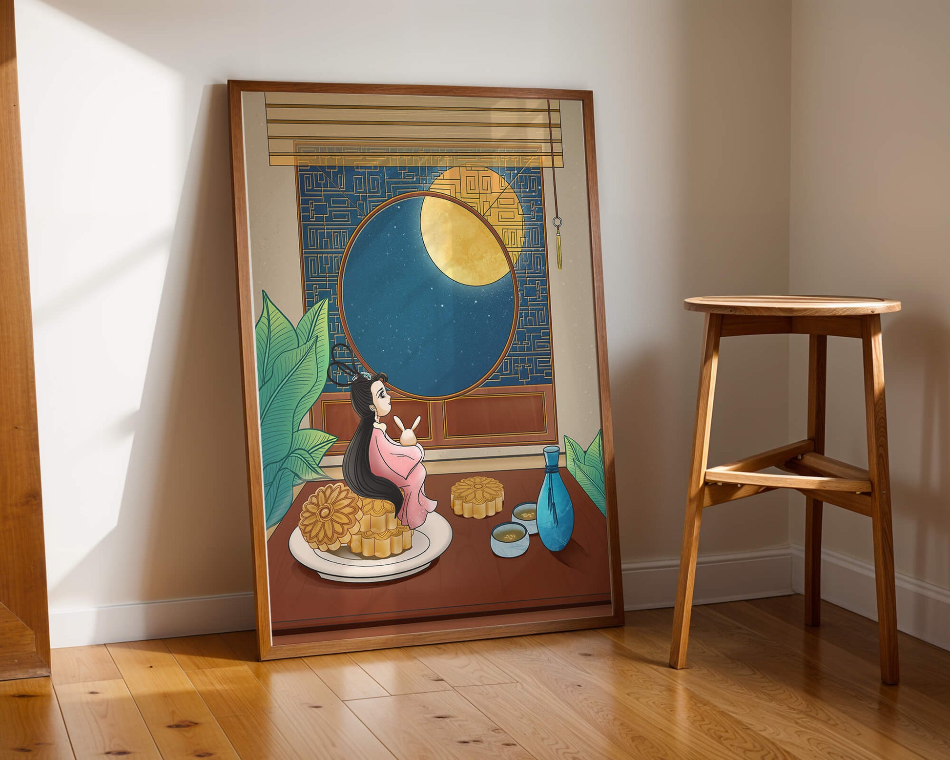 Tranquila escena nocturna con pasteles de luna y una figura mítica