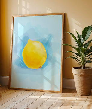 Obra de arte en acuarela de un limón sobre un fondo azul