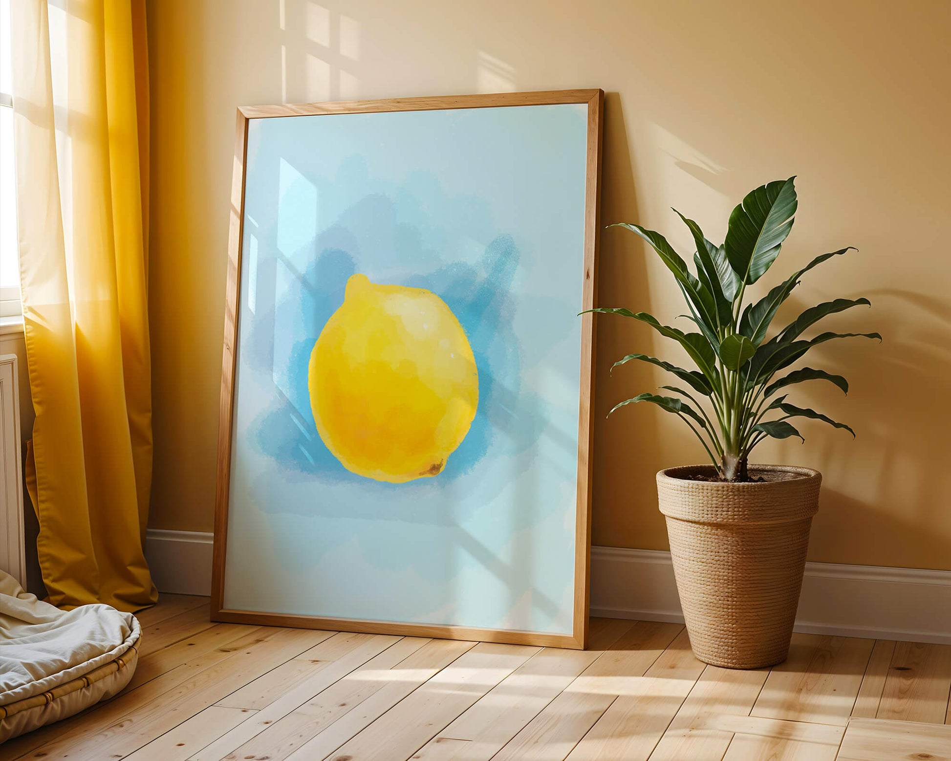 Watercolor artwork of a lemon on a blue background