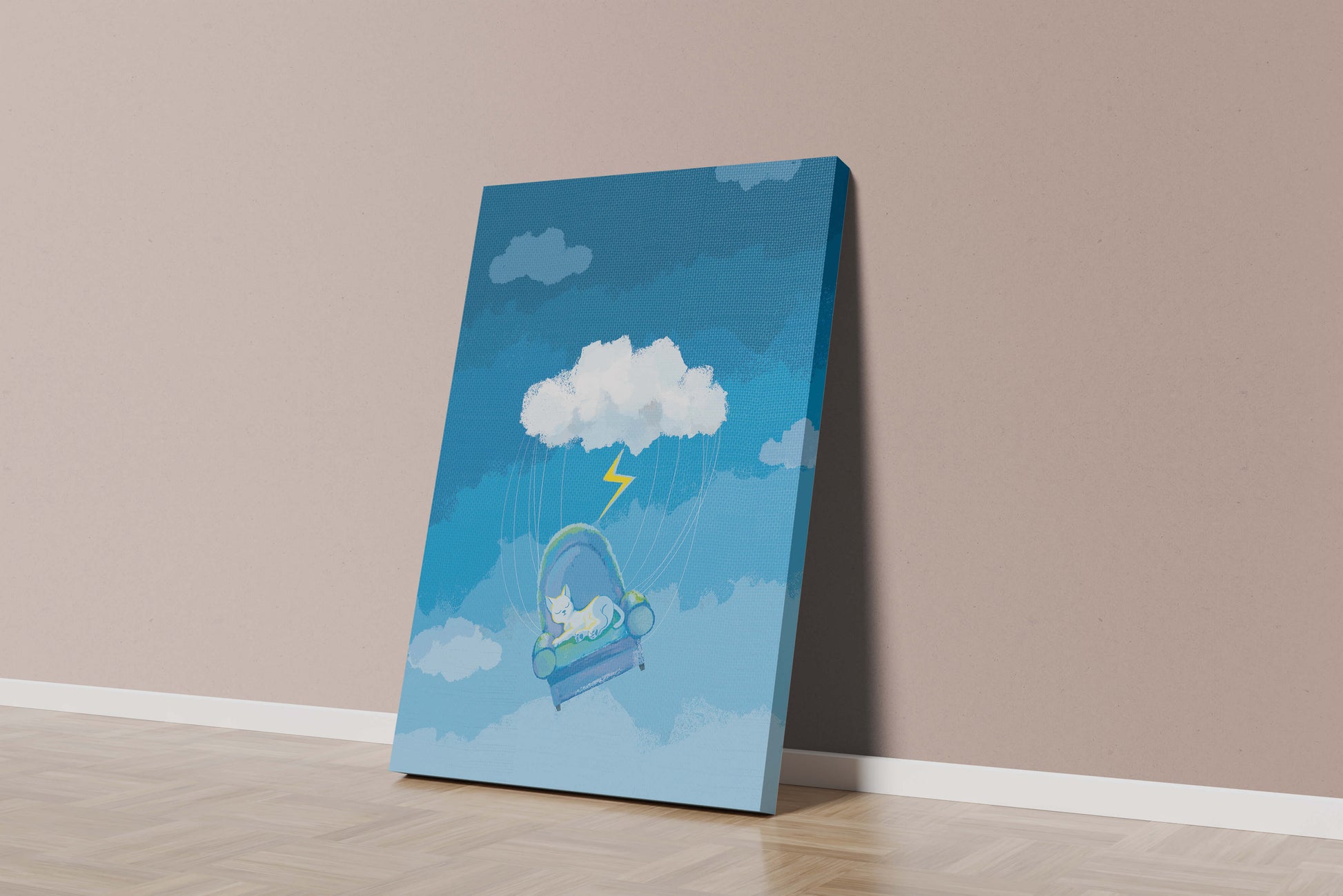 Dreamy Cat on a Floating Armchair in a Surreal Cloudy Sky