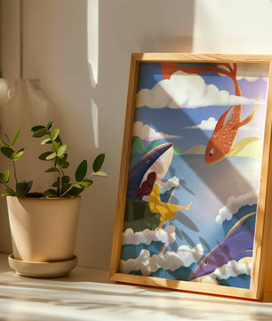 Escena onírica con vida marina y figura flotante en el cielo