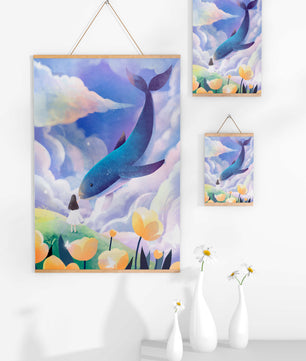 Paisaje surrealista con una ballena gigante y elementos caprichosos