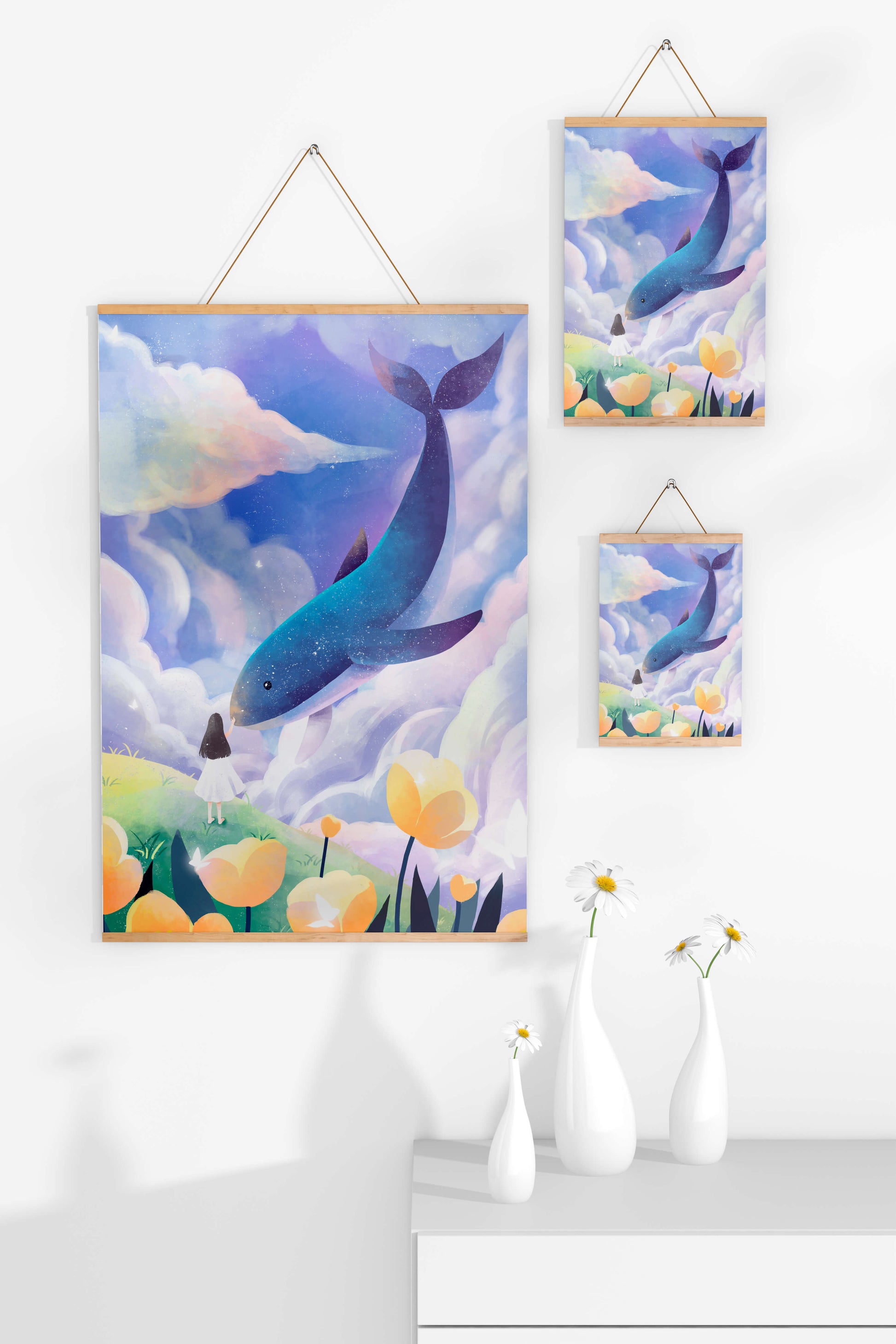 Paisaje surrealista con una ballena gigante y elementos caprichosos