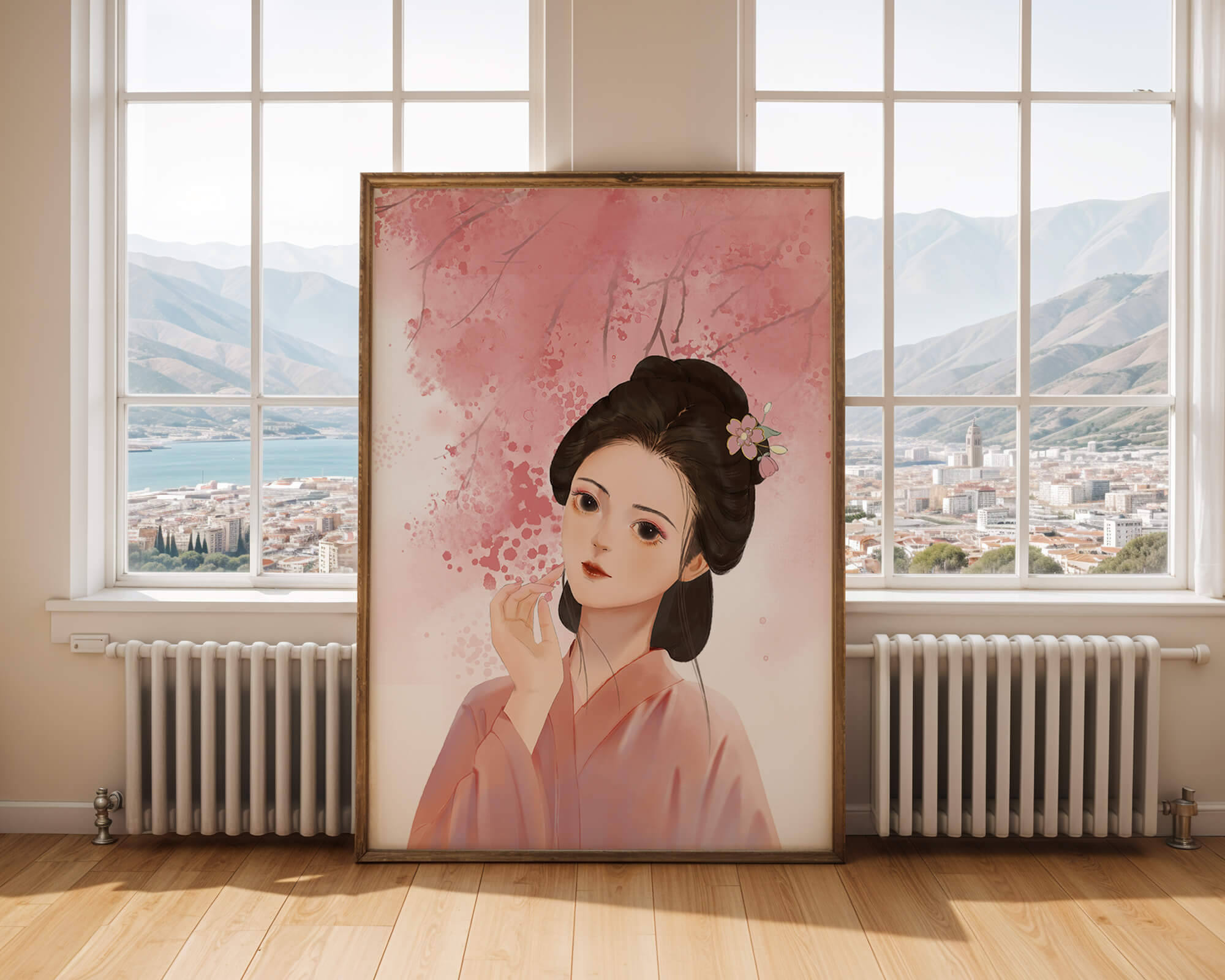 Traditional Japanese woman with pink cherry blossoms in the background