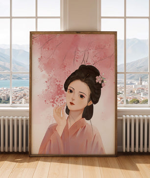 Femme japonaise traditionnelle avec des fleurs de cerisier roses en arrière-plan