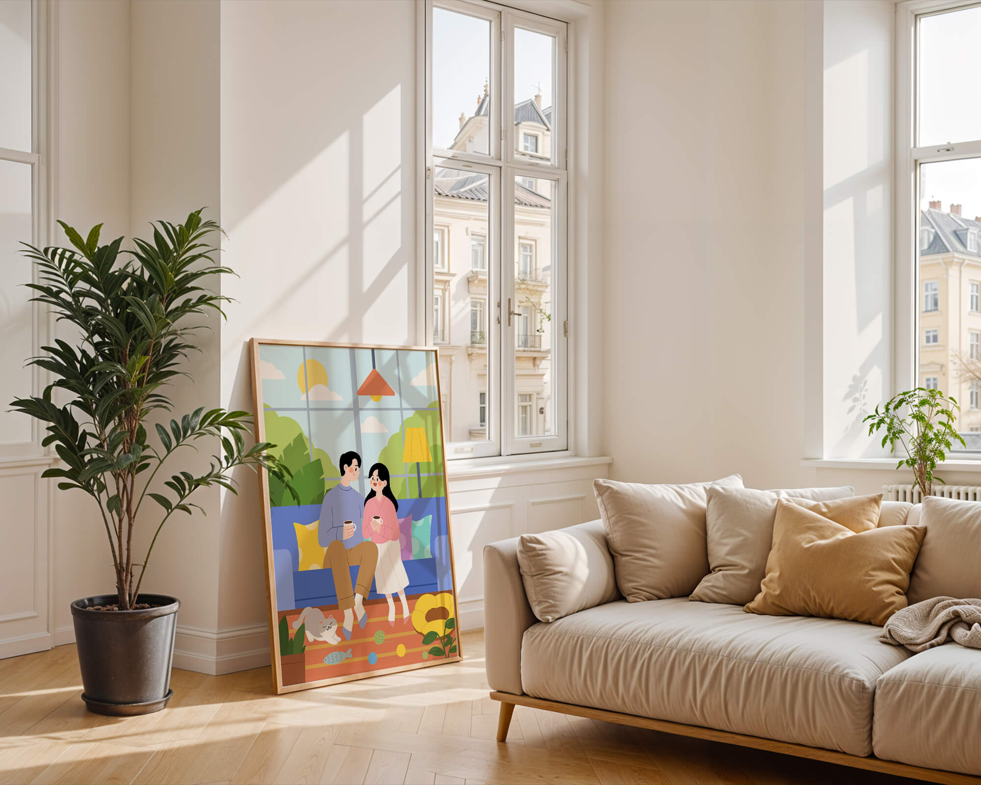 Cozy living room scene with couple and playful cat