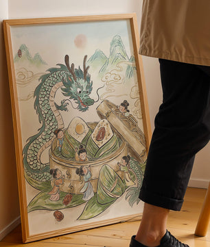 Dragon and Steamed Dumplings with Children in a Mountainous Landscape