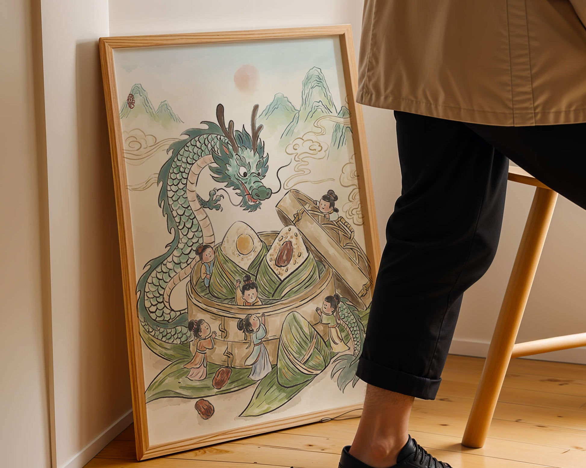 Dragón y dumplings al vapor con niños en un paisaje montañoso