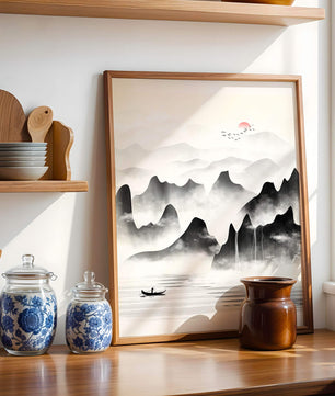Peaceful mountain landscape with mist and rising sun