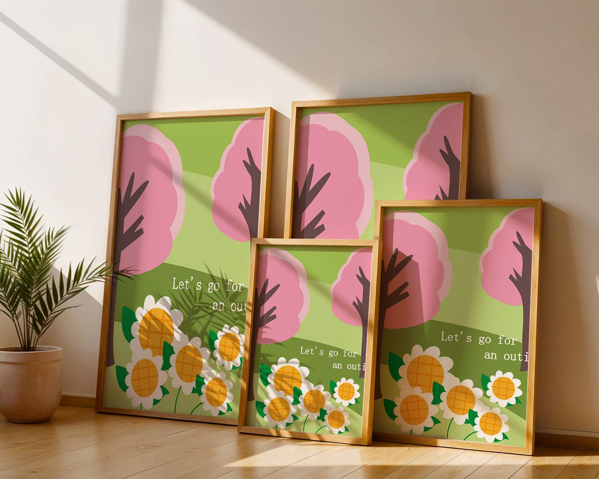 Charming spring landscape with pink trees and daisies