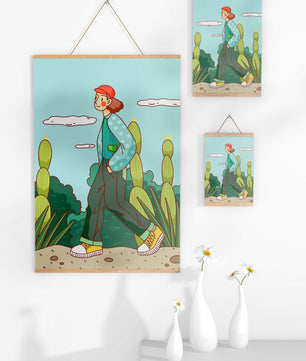 Person walking in desert landscape with cacti
