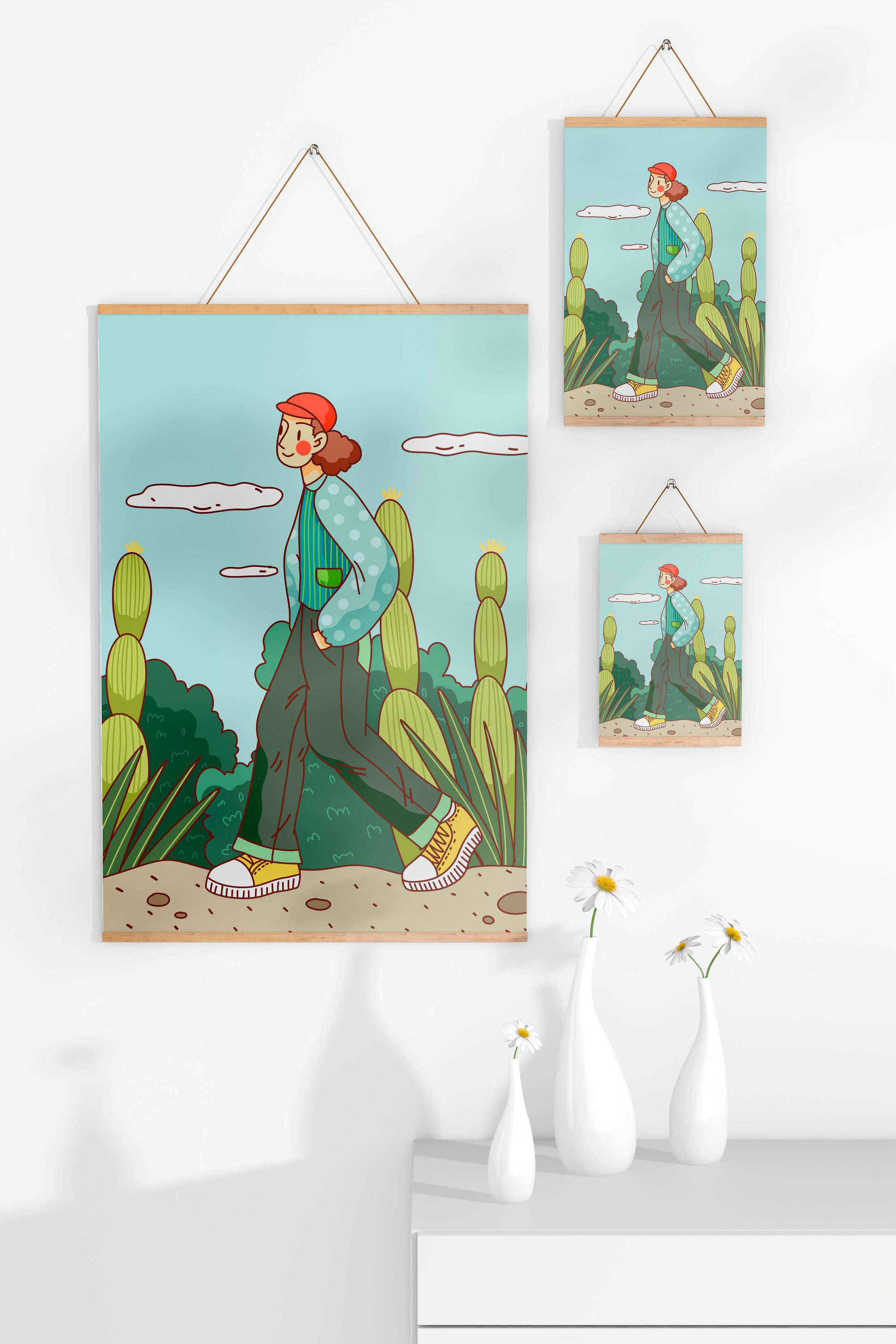 Person walking in desert landscape with cacti