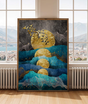 Abstract Landscape with Golden Sun and Flying Birds