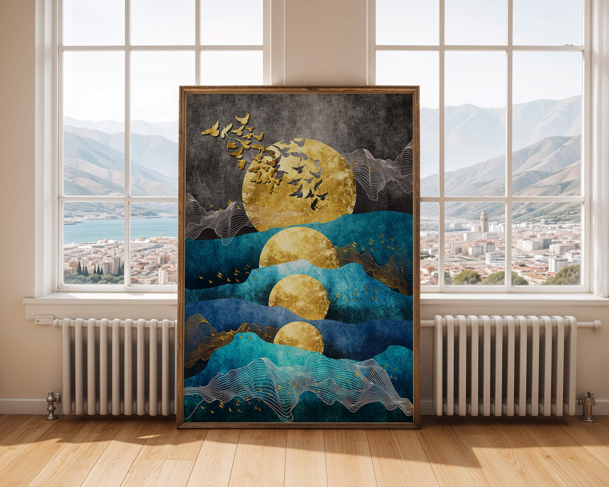 Abstract Landscape with Golden Sun and Flying Birds