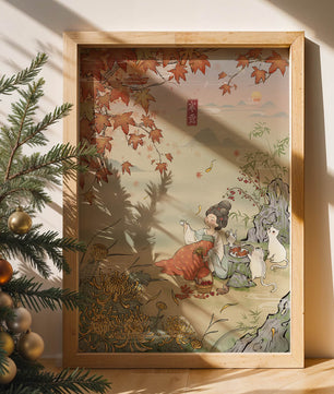 Traditional Chinese painting with autumn scenery and lady sipping tea