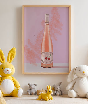 Illustrated wine bottle with a cherry label on pink background