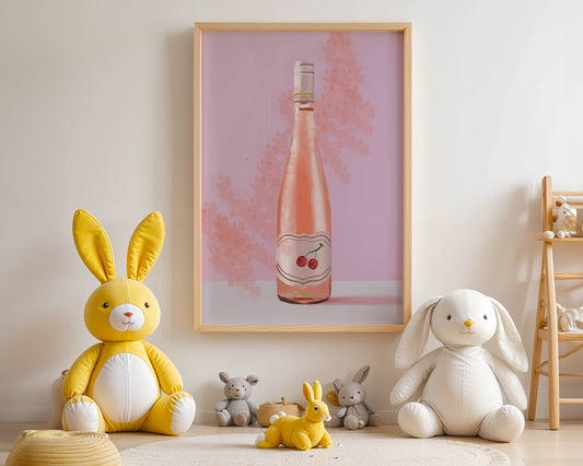 Illustrated wine bottle with a cherry label on pink background