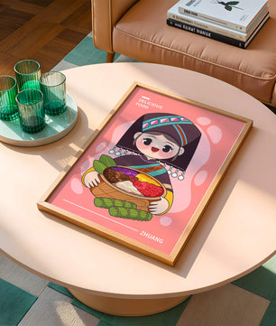 Personnage de dessin animé charmant en tenue traditionnelle tenant un panier de nourriture coloré