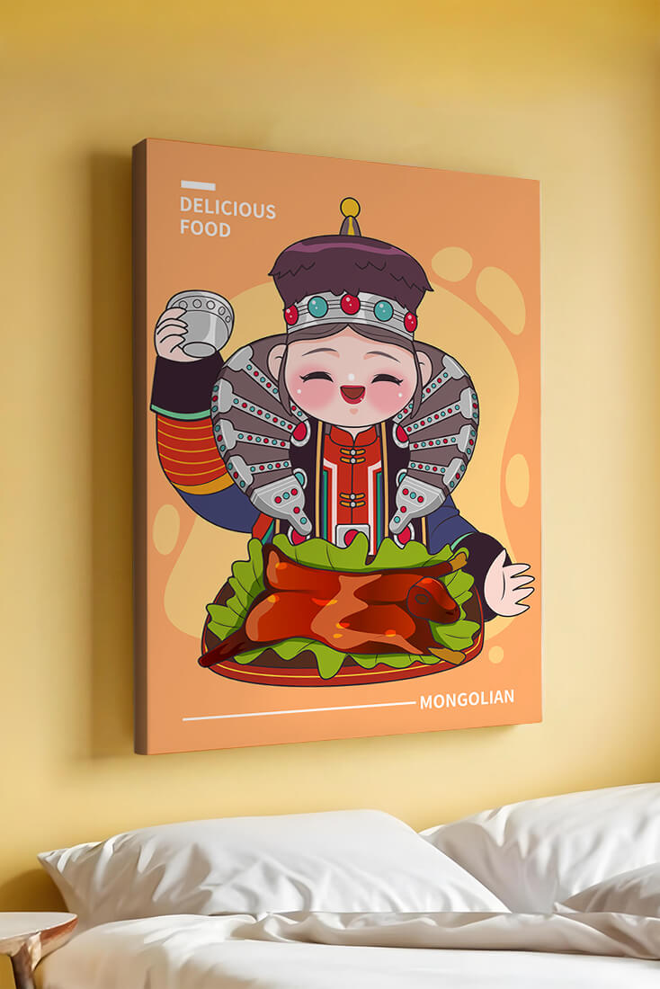 Cartoon character in traditional Mongolian attire with food