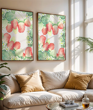 Ilustración de fresas y flores con hojas verdes exuberantes