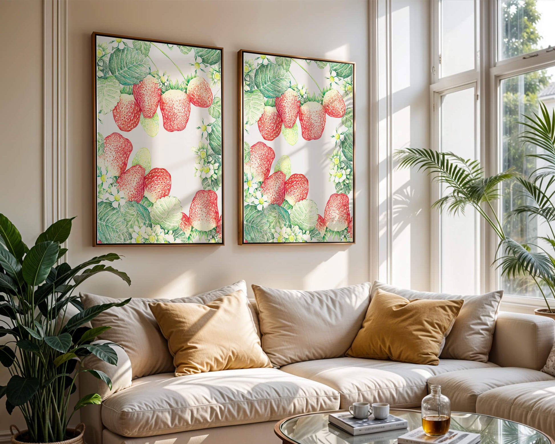 Illustration of strawberries and flowers with lush green leaves