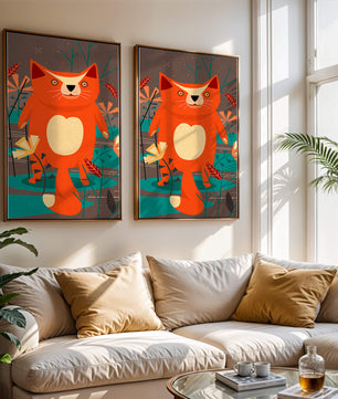 Illustration Of A Cute Orange Cat Surrounded By Stylized Trees And Plants