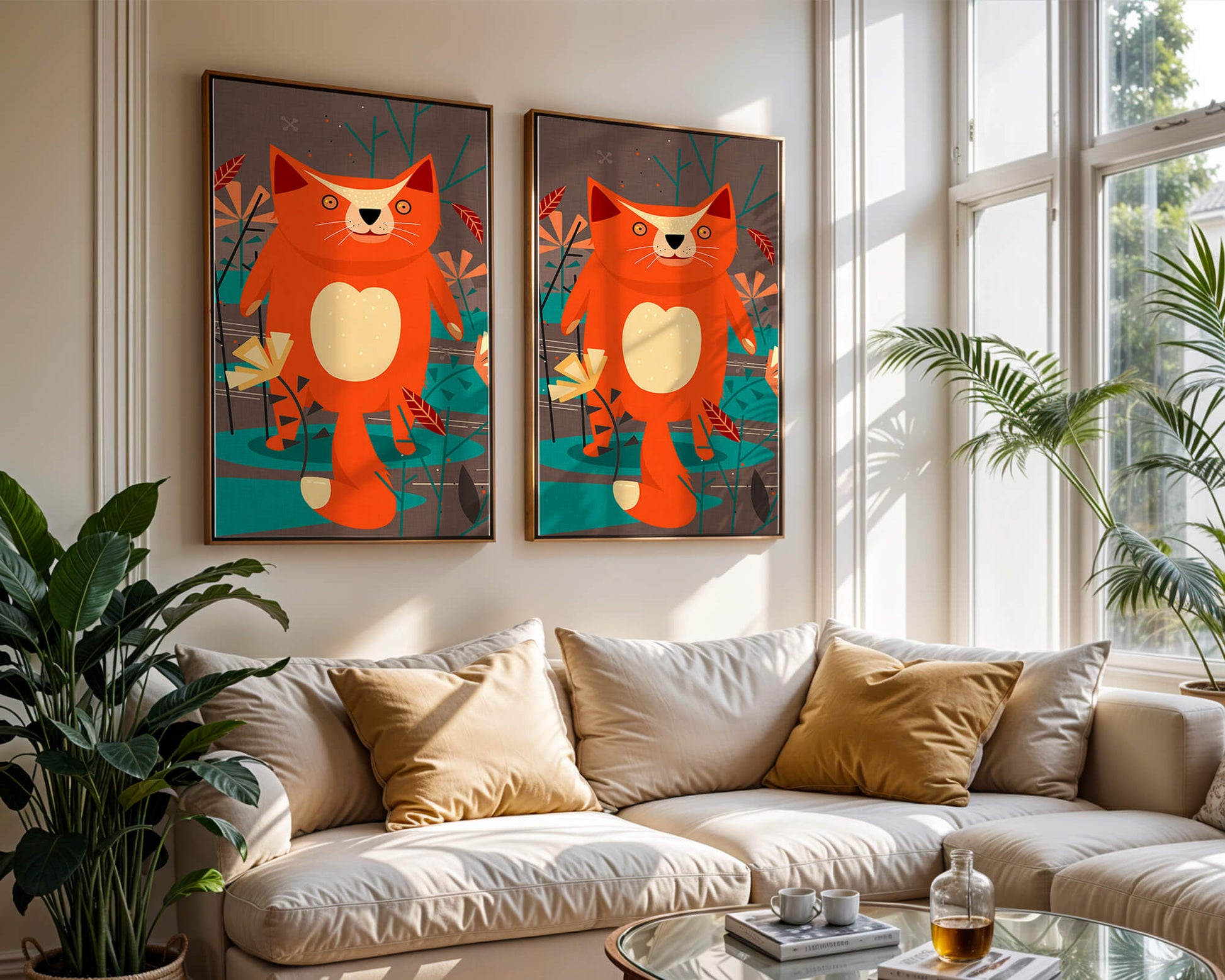 Illustration Of A Cute Orange Cat Surrounded By Stylized Trees And Plants