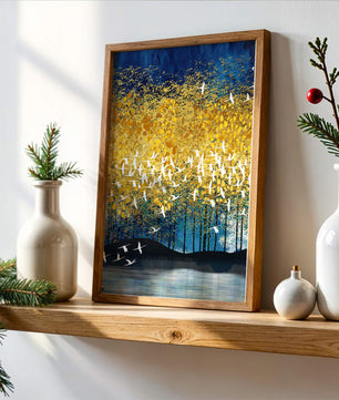 Vibrant Forest Landscape with Birds and Golden Leaves