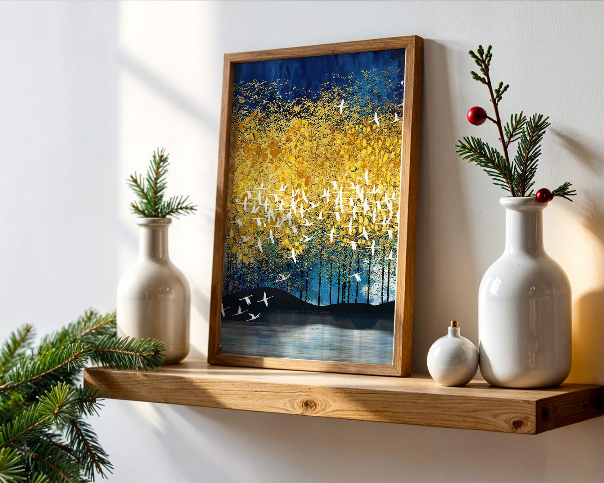 Vibrant Forest Landscape with Birds and Golden Leaves