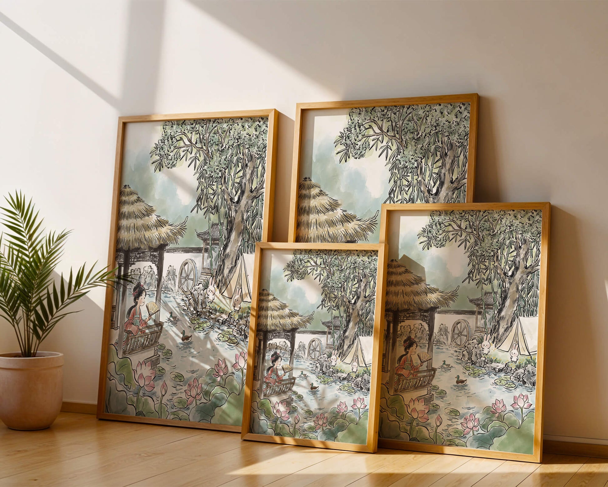 Escena tranquila de jardín con mujer, patos y conejos en un entorno tradicional