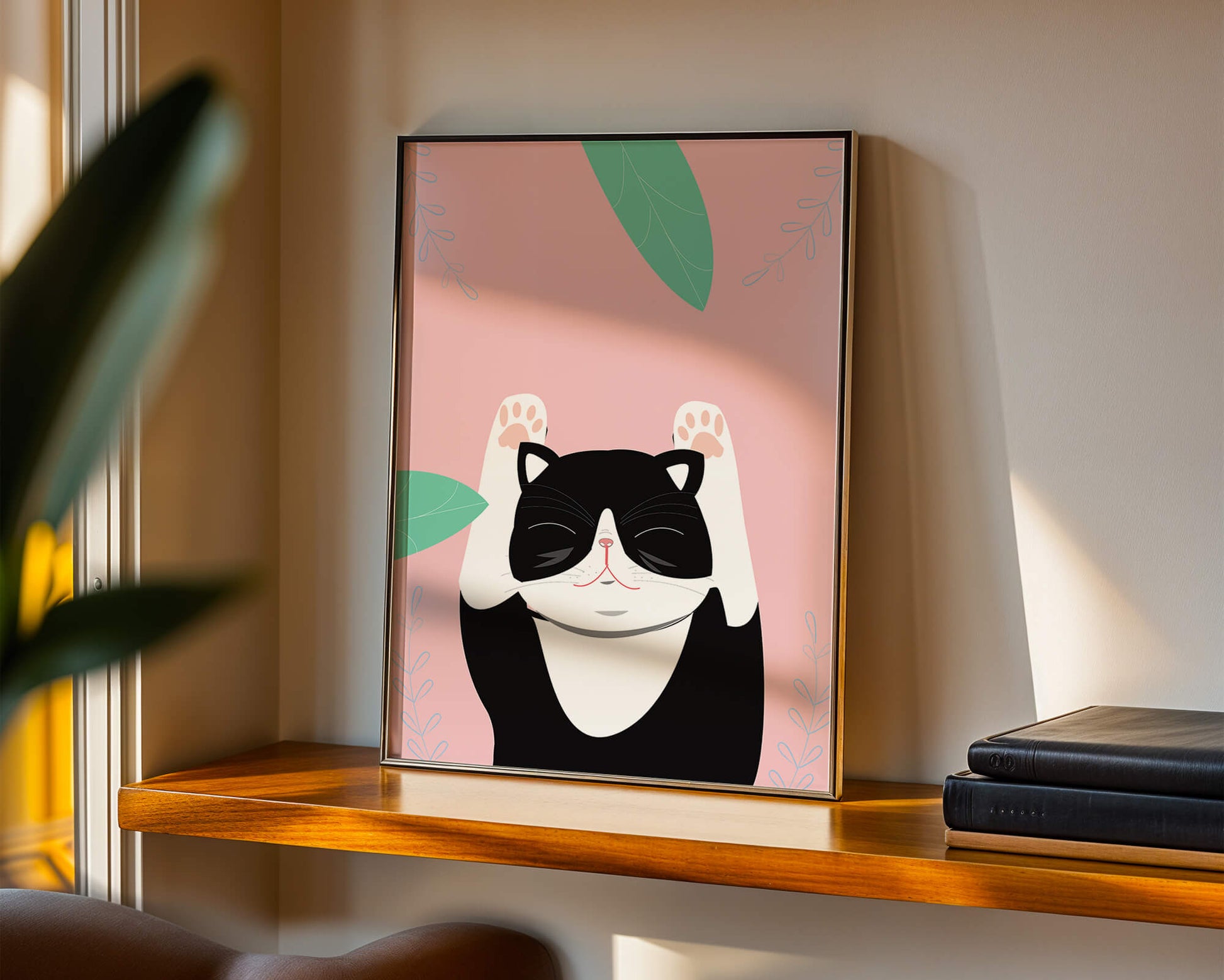 Illustrated cat on pink background with leaves