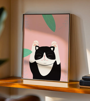 Illustrated cat on pink background with leaves