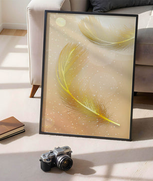 Elegant golden feathers with sparkling particles on soft background