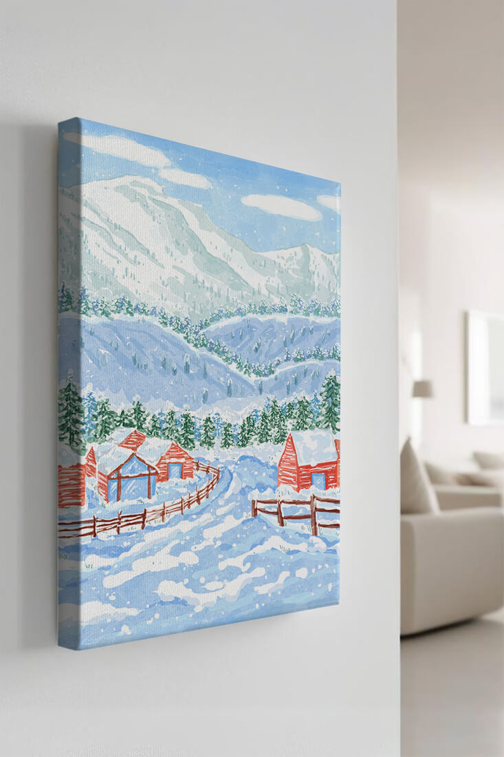 Charming snowy landscape with mountain view and cozy cabins