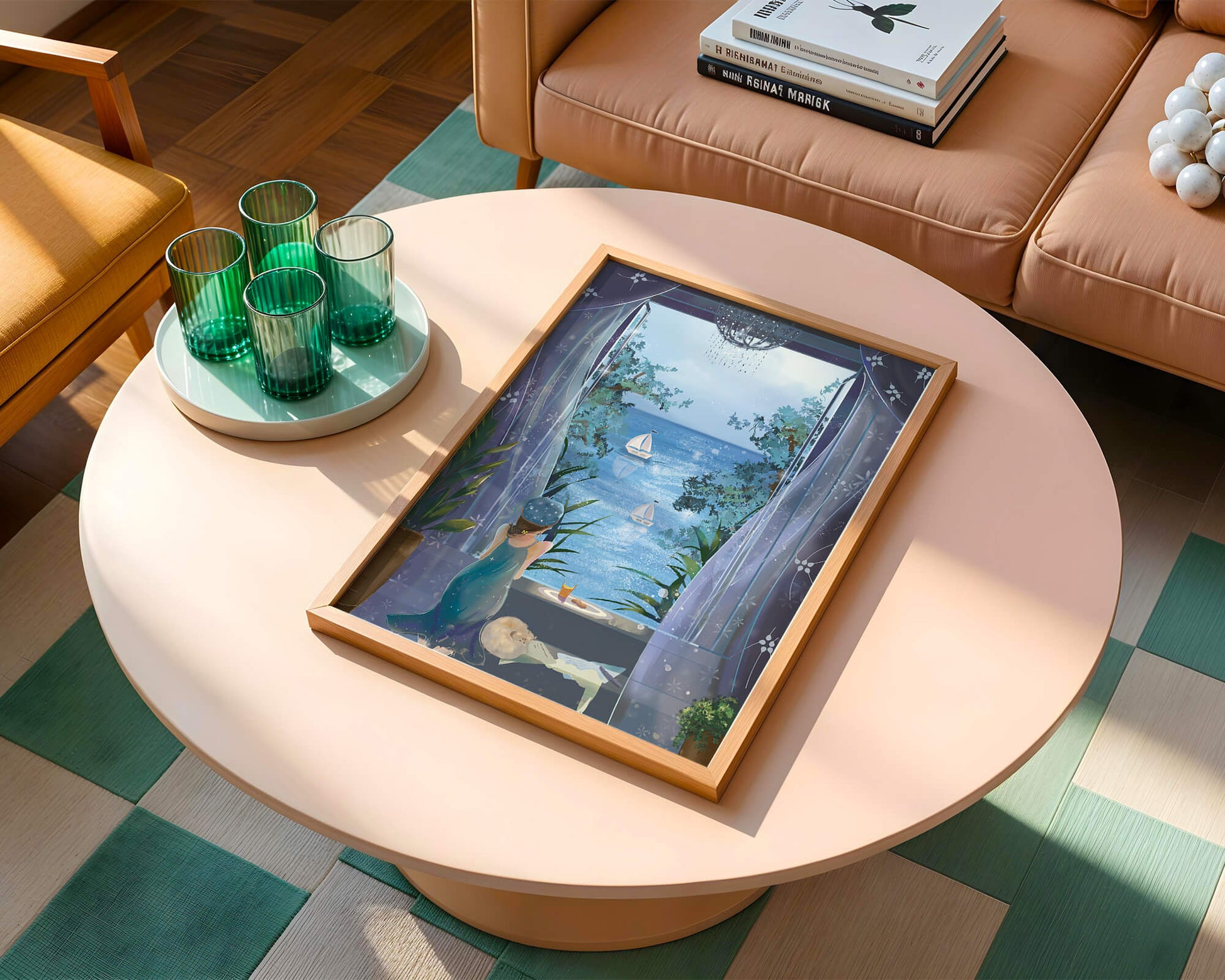 Peaceful Seaside View Through Open Window with Girl and Cat