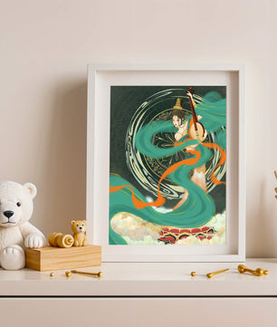 Elegant depiction of traditional musical culture with vibrant flowing ribbons and intricate patterns
