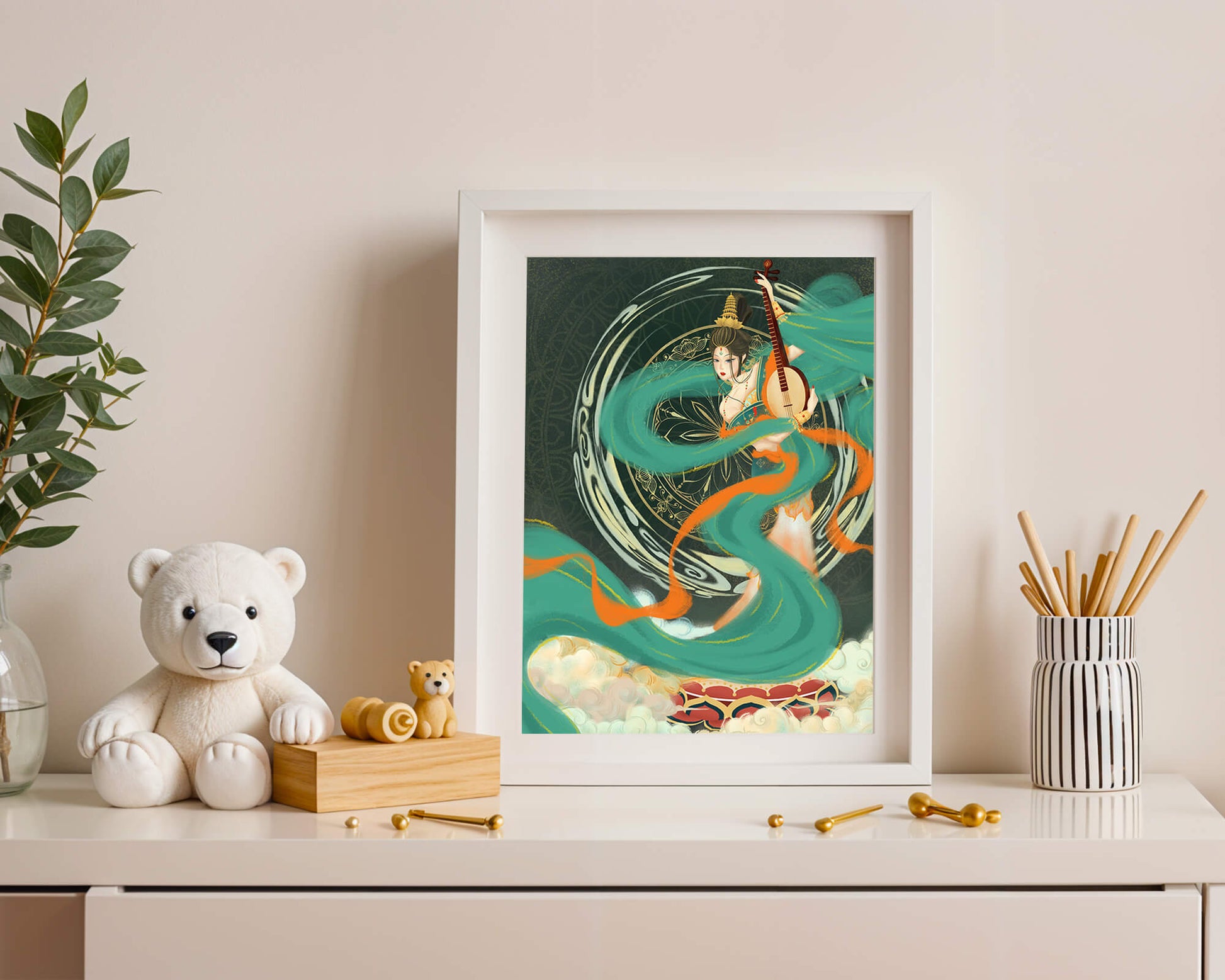Elegant depiction of traditional musical culture with vibrant flowing ribbons and intricate patterns
