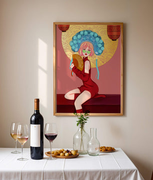 Elegante Illustration einer Frau in traditioneller Kleidung mit einem Fächer
