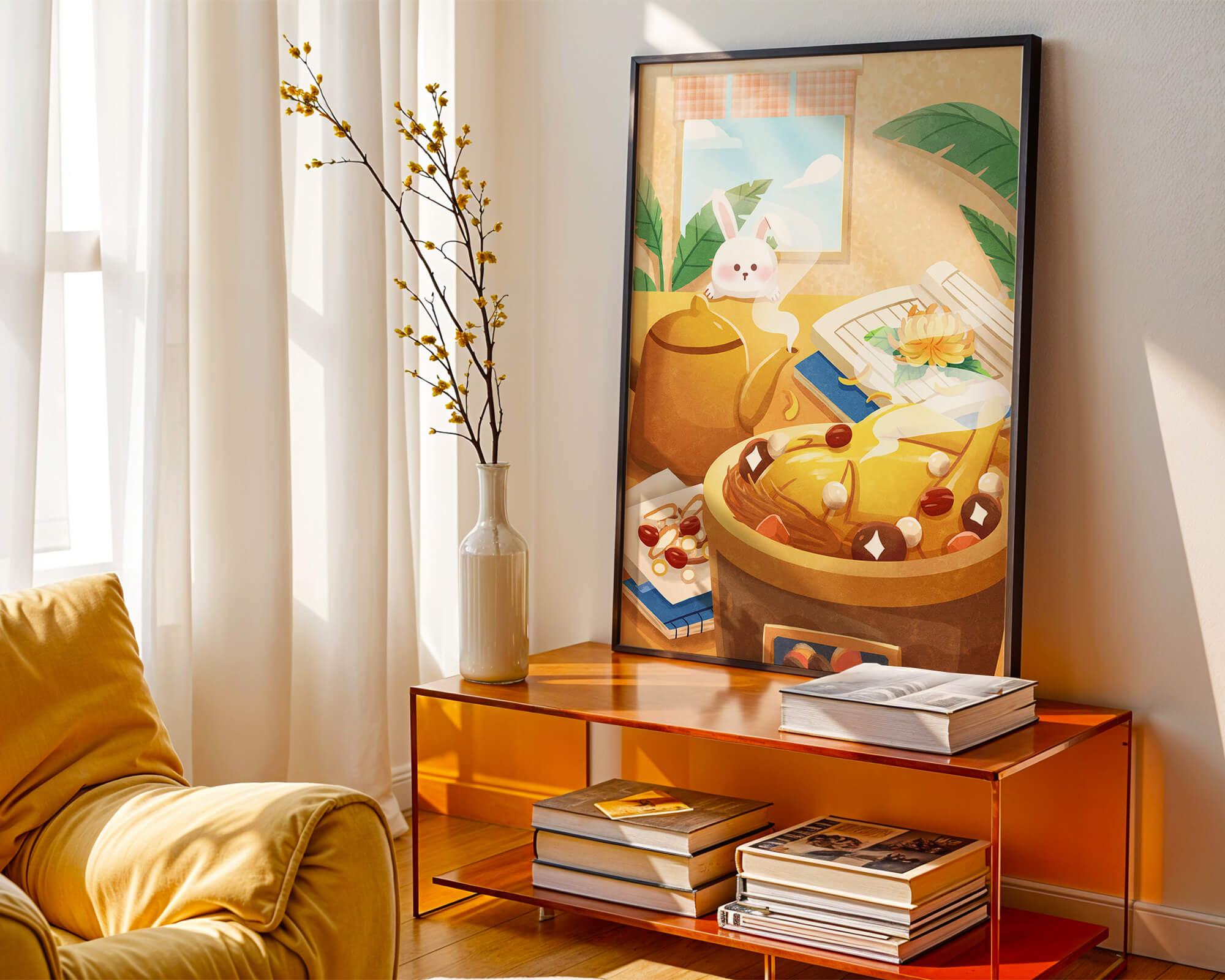Cozy kitchen scene with cute bunny, teapot, and golden dessert