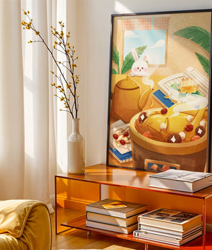 Cozy kitchen scene with cute bunny, teapot, and golden dessert