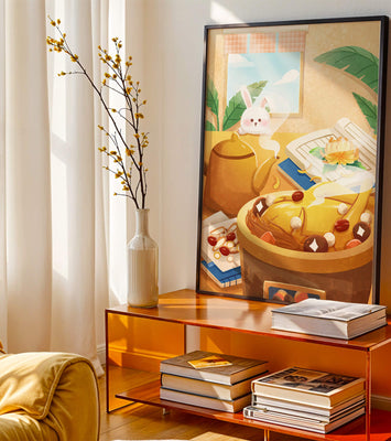 Cozy kitchen scene with cute bunny, teapot, and golden dessert