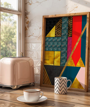 Geometric abstract design with vibrant colors and gold accents