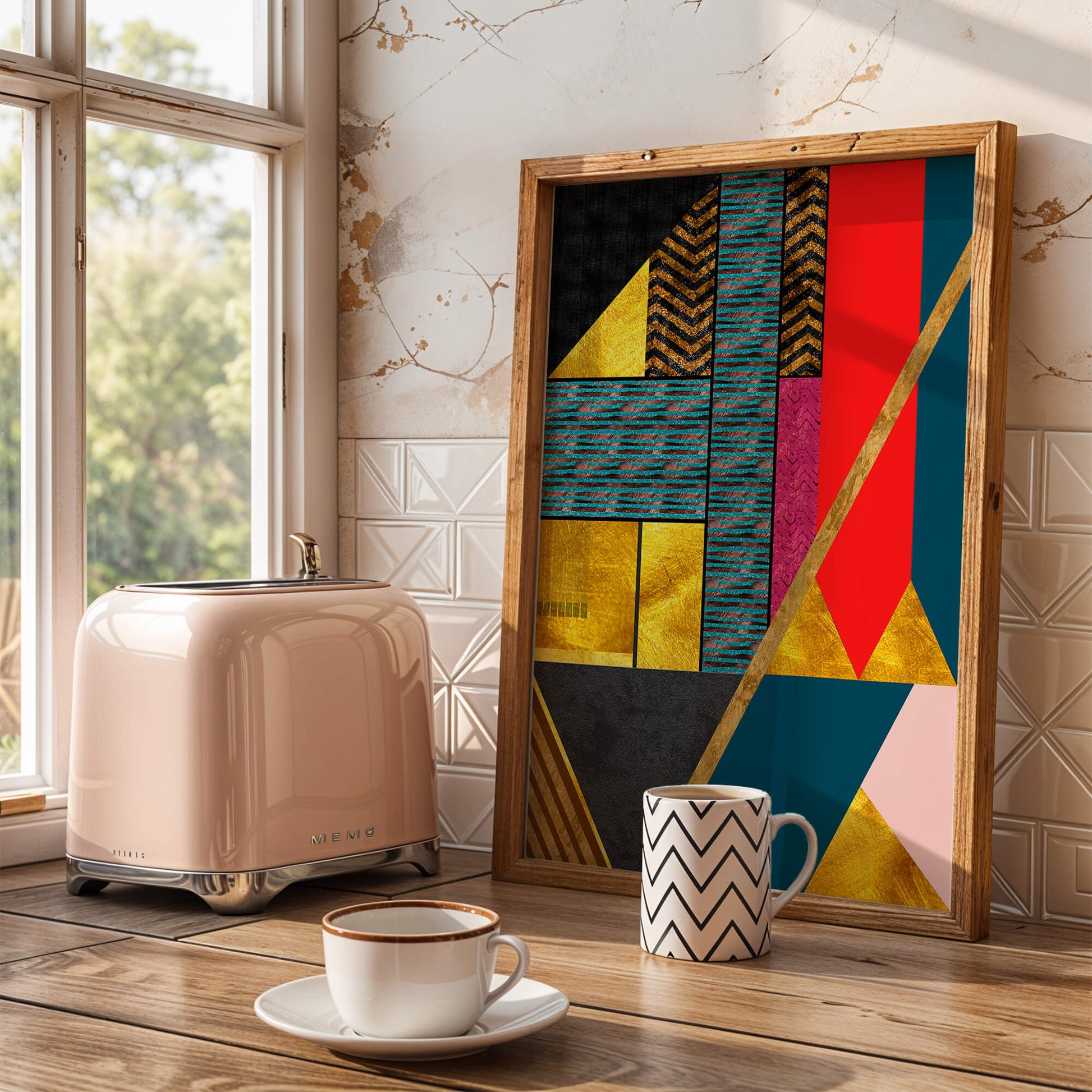 Geometric abstract design with vibrant colors and gold accents