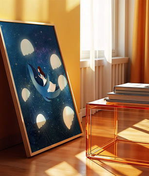 Dreamlike scene of a girl riding a whale among jellyfish in space