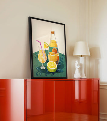 Colorful illustration of citrus drinks with bottle and glass